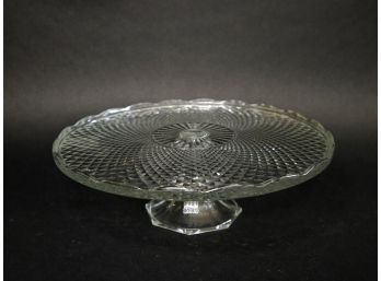 Vintage Raised Pattern Glass Cake Stand With Scalloped Edge