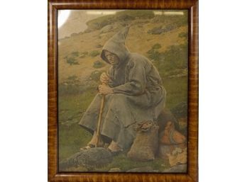 Framed Vintage Artwork By Carl Fredrik Sundt-Hansen - Hooded Monk In Pasture