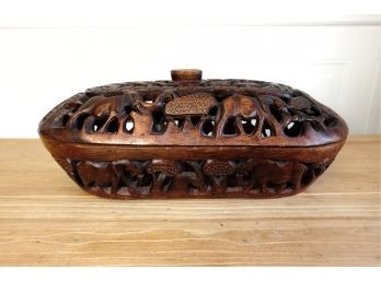 Rustic Hand Carved Elephant Motif Covered Bowl