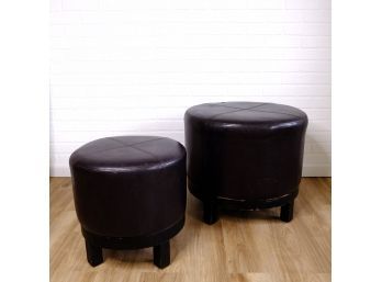 Pair Of Brown Naugahyde Leather Drum Style Ottomans