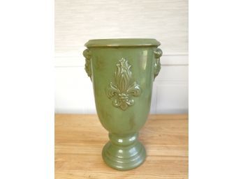 Green Ceramic Vase / Planter With Fleur De Lis And Lion Head Relief
