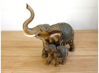 Decorative Jeweled Elephants - Mother And Baby Figurines