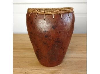 Glazed Terracotta Vase / Planter With Woven Rattan Rim