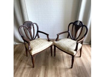 Pair Of Reproduction Heart Back Armchairs With Spool Legs And Matelasse Upholstered Seat