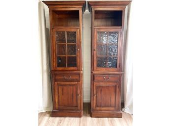 Pair Of Restoration Window Glass Lighted Curio Cabinets With Crown Molding And Bronze Fixtures