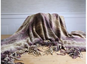 Muted Plum And Tan Plaid Fringed Chenille Throw