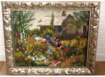 Framed Oil Painting On Canvas Board - Woman Tending To Her Garden