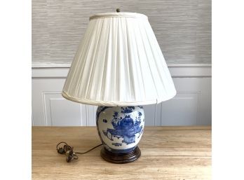 Ming Style Blue And White Porcelain Lamp With Ruched Fabric Shade