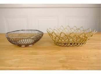 Vintage Gorham Silver Weave Bowl And Braided Gold Leaf Basket Pair