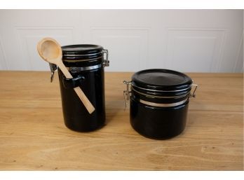 Pair Of Vintage Black Ceramic Hinged Coffee / Tea Crocks With Spoon