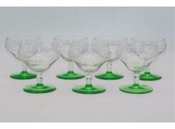 Vintage Glasses With Green Stems Beautifully Etched