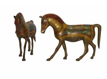 2 Beautiful Hand Painted Brass Horses