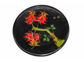Antique Asian Plate Black Lacquer Hand Painted
