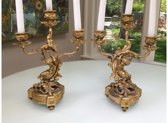 Stunning Pair Of French Antique Gilt Bronze Candle Holders With Reclined Cherubs - Circa 1900 - Paid $1,800
