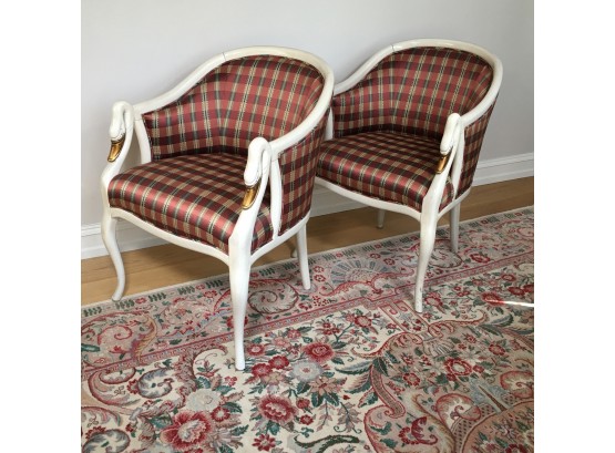 Phenomenal Vintage MARGE CARSON Armchairs With Swan Heads With Gilded Beaks Arms - Fabulous Upholstery