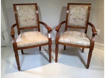 Beautiful Pair Of French Style Arm Chairs - Beautiful Upholstery - Lovely Fruitwood With Fluted Legs -