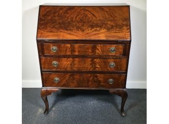 Beautiful English Writing Desk - Leather Writing Surface - Incredible Book Matched Veneer On Drawer Fronts