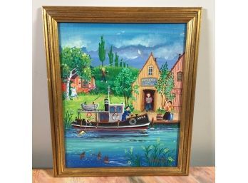 (2 OF 3) Great Oil On Canvas Painting By SINI Dated 1977 - French - Folk Art Style - Very Colorful - Nice !