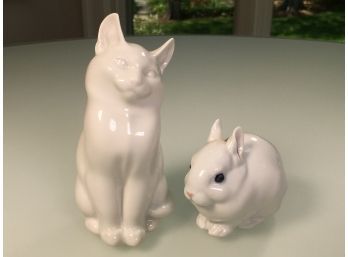 Two Very Pretty Vintage ROYAL COPENHAGEN Figurines - White Rabbit #4705 & Cat / Kitten - Made In Denmark