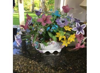 Amazing Vintage ALL HAND BEADED Flower Bouquet Arrangement In Antique Carlsbad Austria Porcelain Bowl WOW !