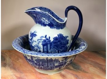 Beautiful Antique Style Blue & White Porcelain Transferware Pitcher & Bowl / Chamber Set - Nice Decorator Item