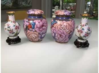 Lovely Four (4) Piece Lot Of Vintage Cloisonne / Enamel Pieces - Two Matching Pairs Including Nice Lidded Jars