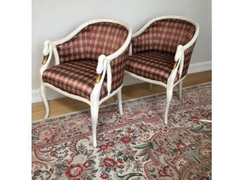 Phenomenal Vintage MARGE CARSON Armchairs With Swan Heads With Gilded Beaks Arms - Fabulous Upholstery