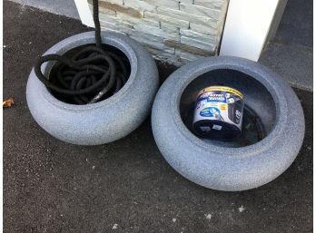 Two Fantastic Hose Holders - Stone Look Finish - Comes With Two Hoses One Is Brand New POCKET HOSE Great !