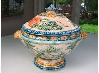 Amazing Antique Style Majolica Tureen - Excellent Condition Featured Vegetables & Lions Heads - Fabulous !