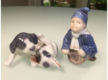 Two Lovely Vintage ROYAL COPENHAGEN Figurines - Pointer Puppies #453 & Boy With Drum #3647 - Made In Denmark