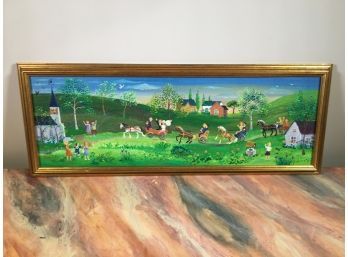 (3 Of 3) Fantastic Oil On Canvas Painting Signed SINI Dated 1977 - French - Folk Art Style - Very Colorful !
