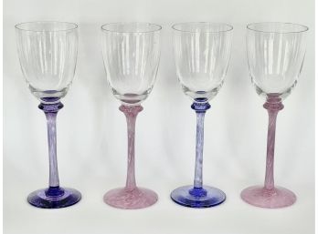 Kosta Boda Colored Stem Wine Goblets, Etched Signed - Set Of 4