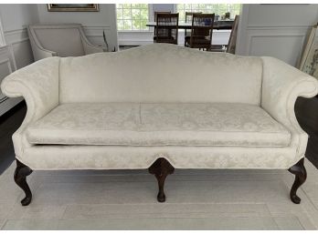 Queen Anne Style Camelback Sofa In Off White Damask Fabric W Carved Clam Shell Feet  ( 2 Of 2 )