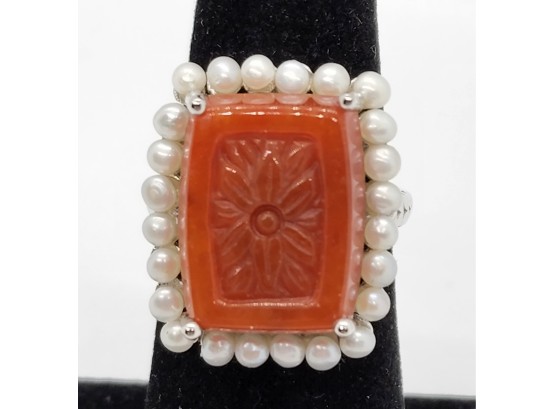 Red Jade, Cultured Pearl Ring In Rhodium Over Sterling