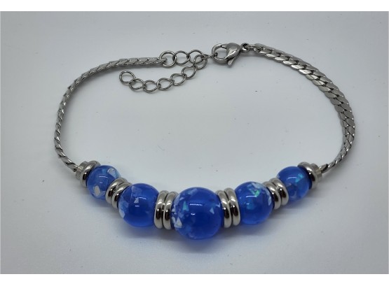 Lab Created Blue Opal Beaded Bracelet In Stainless