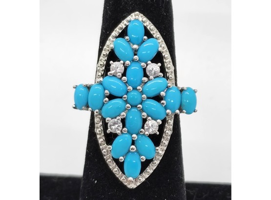 Sleeping Beauty Turquoise & Zircon Ring In Platinum Over Sterling