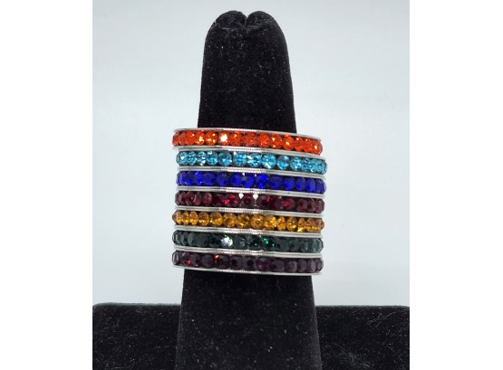 Set Of 7 Multi Color Austrian Crystal Band Rings In Stainless