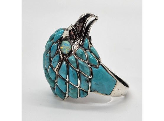 Turquoise & Lab Opal Men's Hawk Head Ring In Sterling