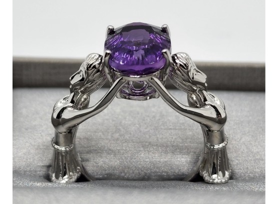 Amethyst Ring With Ballerinas On The Side, Rhodium Over Sterling