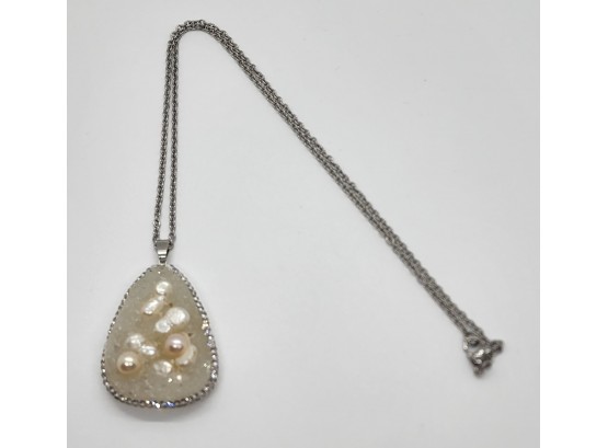 White Drusy Quartz, Multi Gemstone Pendant Necklace In Stainless