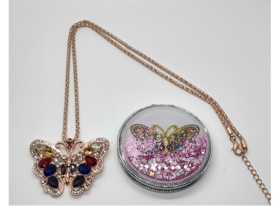 Austrian Crystal,  Multi Color Glass Butterfly Pendant Necklace With Compact Mirror