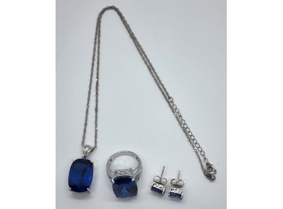 Gorgeous Blue Spinel Sterling Necklace,  Earrings & Ring Set