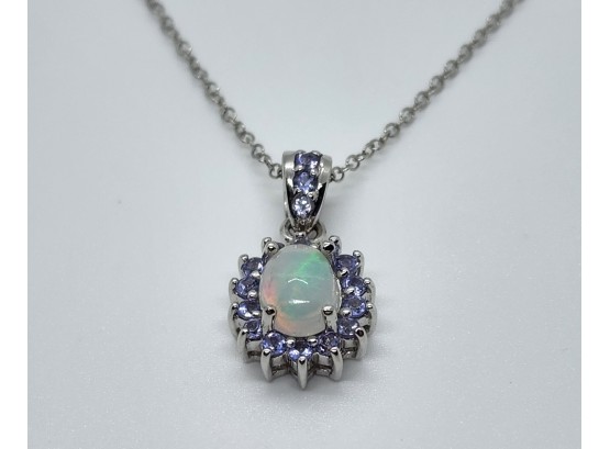 Ethiopian Welo Opal & Tanzanite Pendant Necklace In Platinum Over Sterling