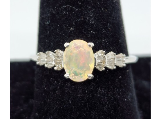 Magnificent Ethiopian Welo Opal & Diamond Ring In Platinum Over Sterling