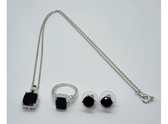 Australian Black Tourmaline Pendant Necklace, Ring & Earrings In Sterling