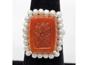 Red Jade, Cultured Pearl Ring In Rhodium Over Sterling