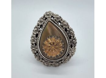 Bali, Golden Mother Of Pearl Carved Ring In Sterling