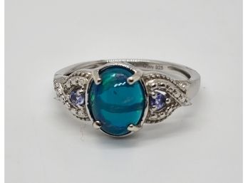 Blue Welo Opal & Tanzanite Ring In Platinum Over Sterling