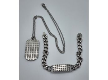Textured Men's Dog Tag Pendant Bracelet & Necklace In Stainless
