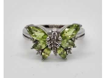 Green Peridot, Rhodium Over Sterling Butterfly Ring
